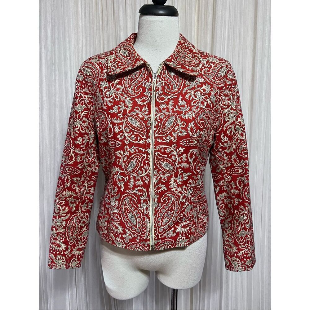 Lorizoni Red Paisley Embellished Long Sleeve Jacket Size Small